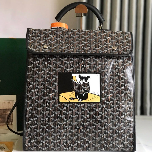 SAINT LÉGER BACKPACK 35 IN BROWN MIX BALCK GOYARDINE CANVAS AND CALFSKIN WITH CARTOON PATCH