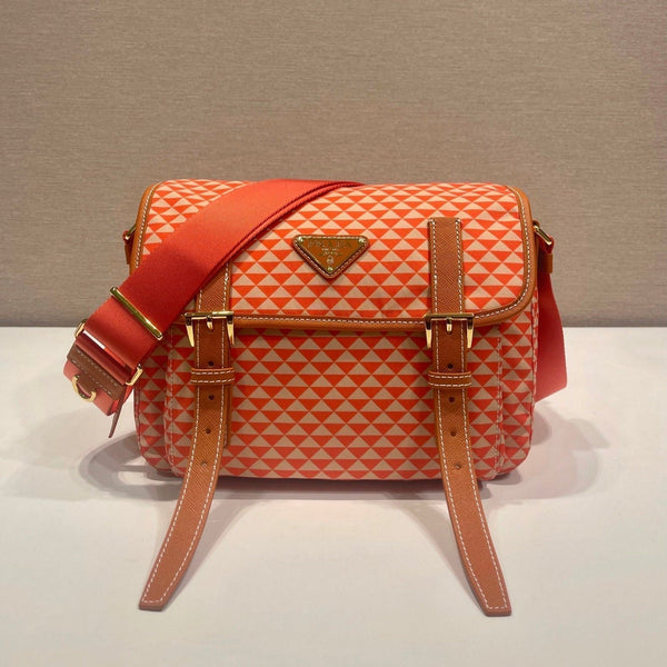 MESSENGER BAG 25 IN ORANGE MIX CREAM TRIANGLE PATTERN EMBROIDERED FABRIC